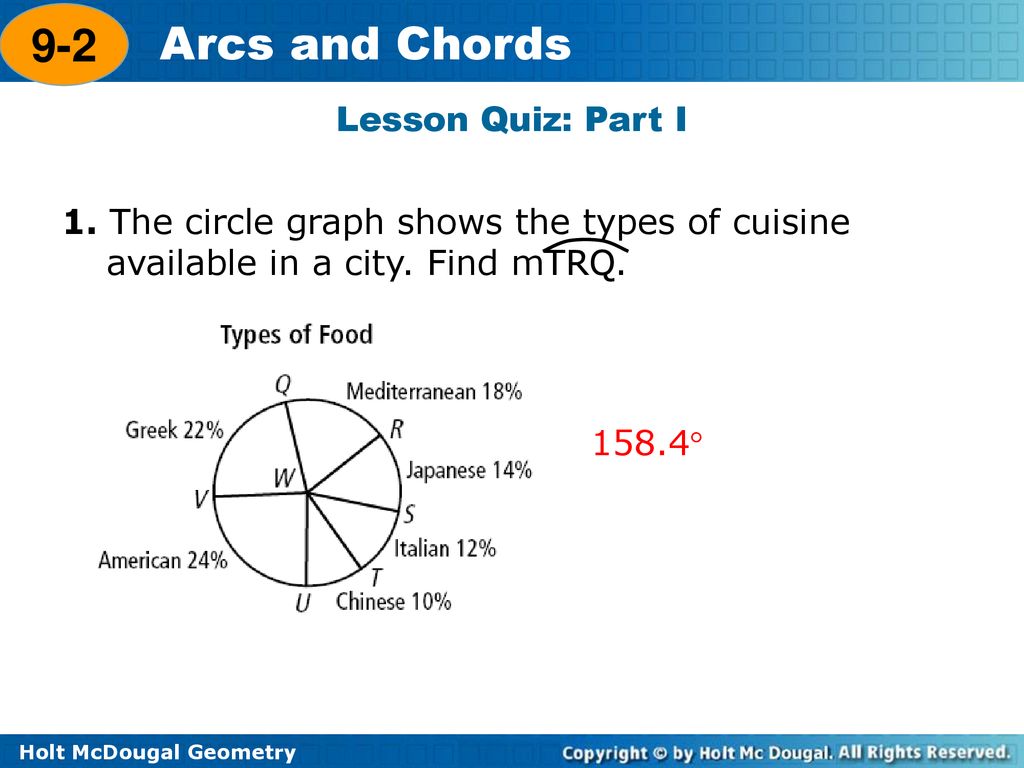 9-2 Lesson Quiz: Part I. 1. The circle graph shows the types of cuisine available in a city. Find mTRQ.