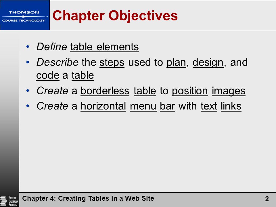 Chapter Objectives Define table elements