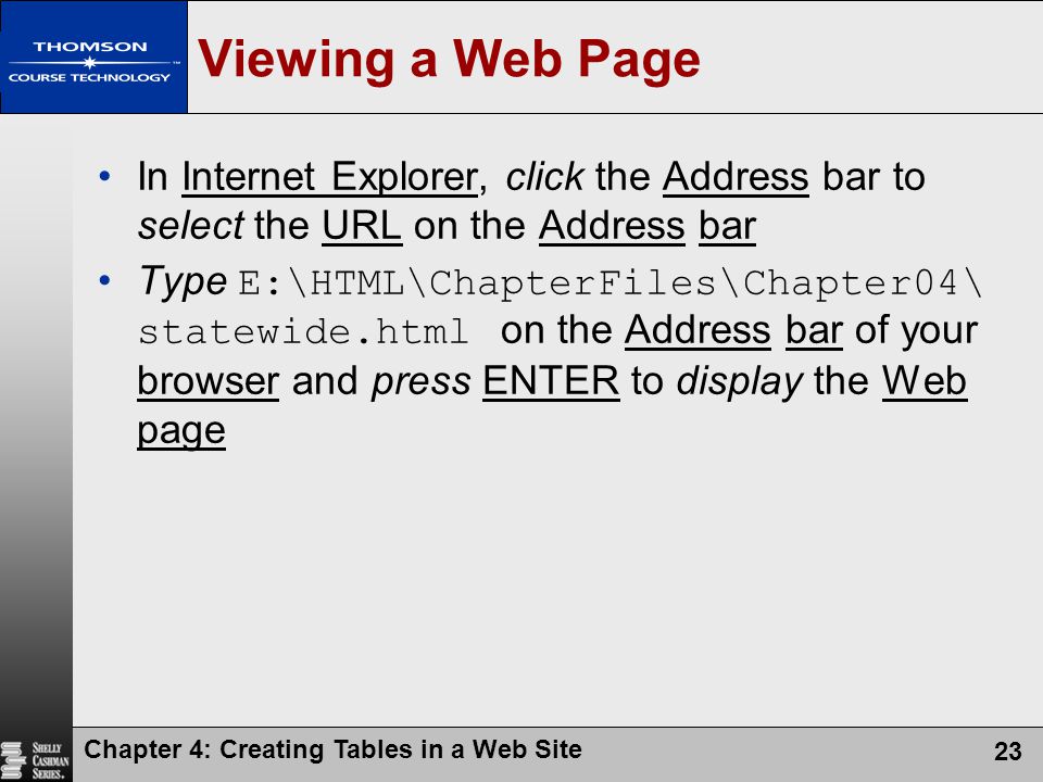 Viewing a Web Page In Internet Explorer, click the Address bar to select the URL on the Address bar.