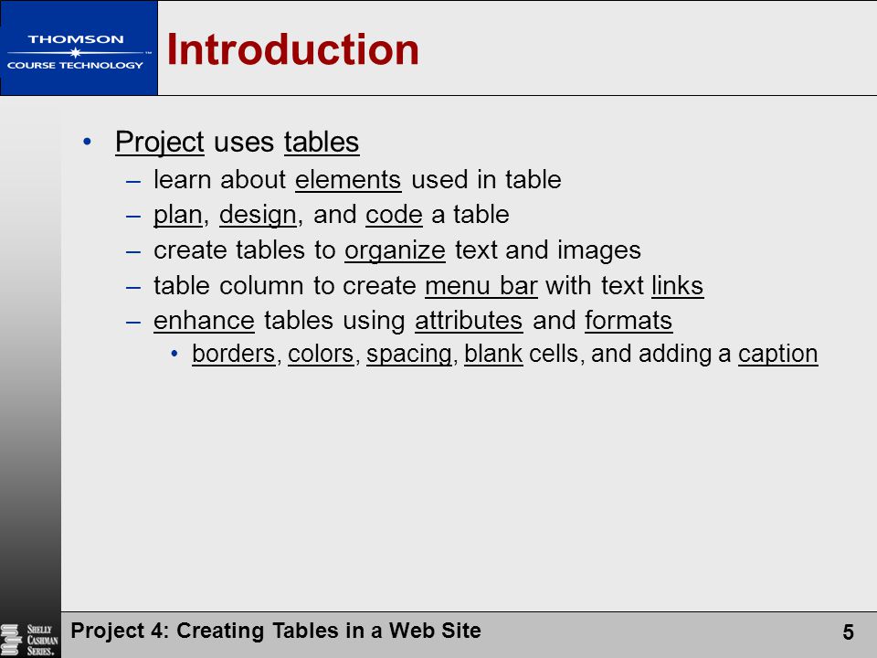 Introduction Project uses tables learn about elements used in table