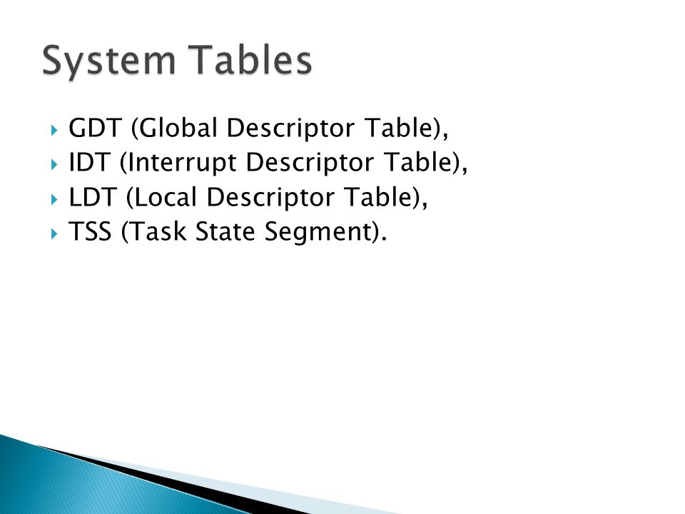System Tables GDT (Global Descriptor Table),