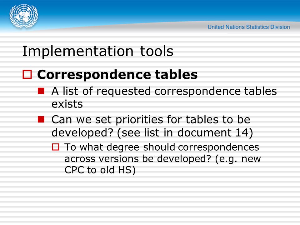 Implementation tools Correspondence tables