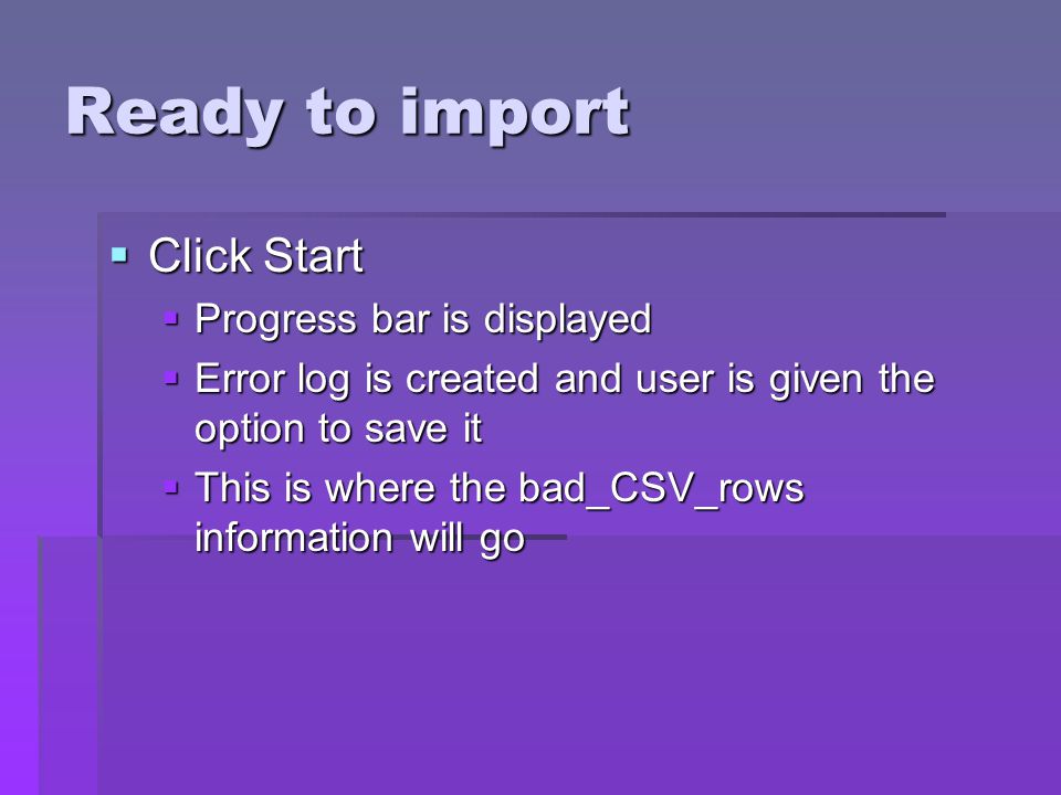 Ready to import Click Start Progress bar is displayed