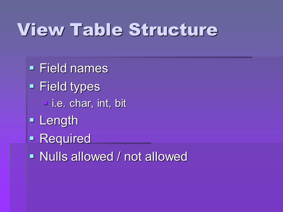 View Table Structure Field names Field types Length Required