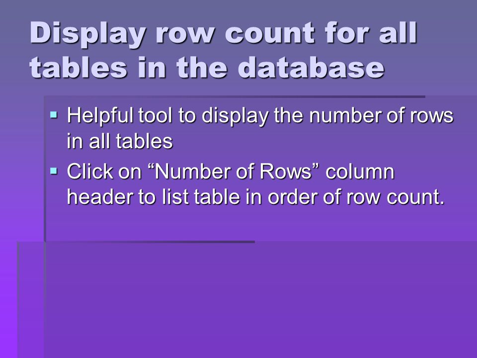 Display row count for all tables in the database