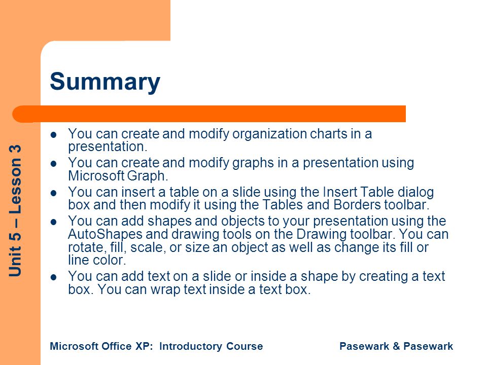 Summary You can create and modify organization charts in a presentation. You can create and modify graphs in a presentation using Microsoft Graph.