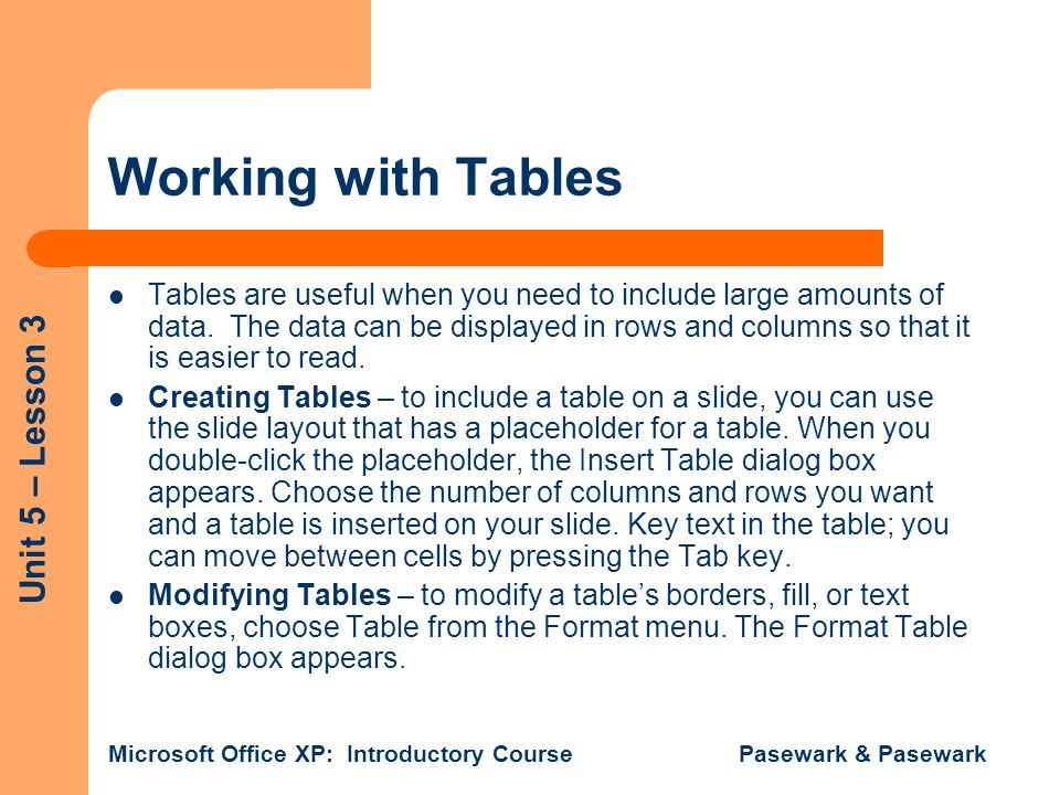 Working with Tables