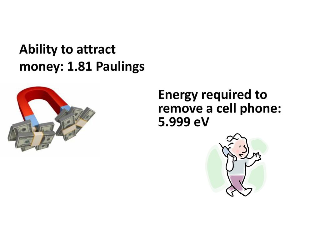 Ability to attract money: 1.81 Paulings Energy required to remove a cell phone: eV