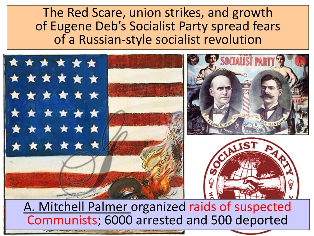 The Red Scare, union strikes, and growth of Eugene Deb’s Socialist Party spread fears of a Russian-style socialist revolution