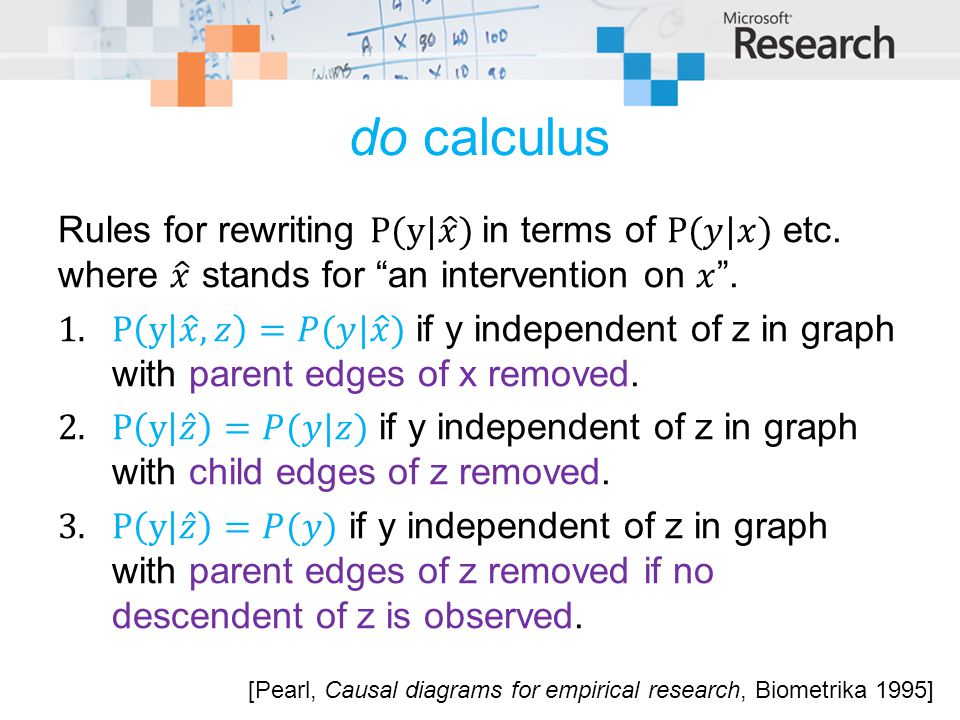 do calculus Rules for rewriting P(y| 𝑥 ) in terms of P(𝑦|𝑥) etc. where 𝑥 stands for an intervention on 𝑥 .