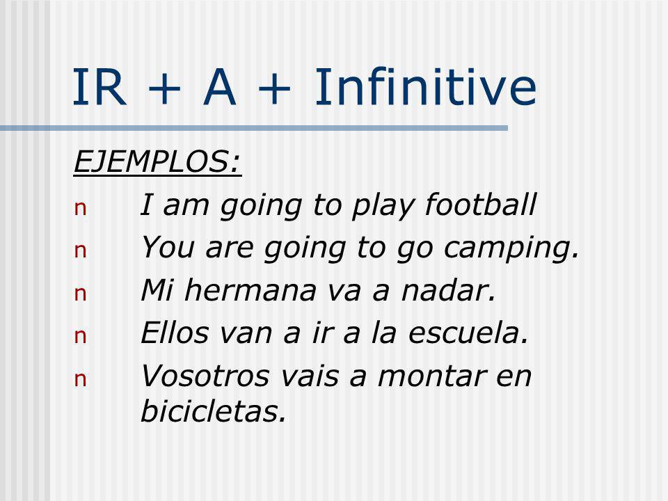 IR + A + Infinitive EJEMPLOS: I am going to play football