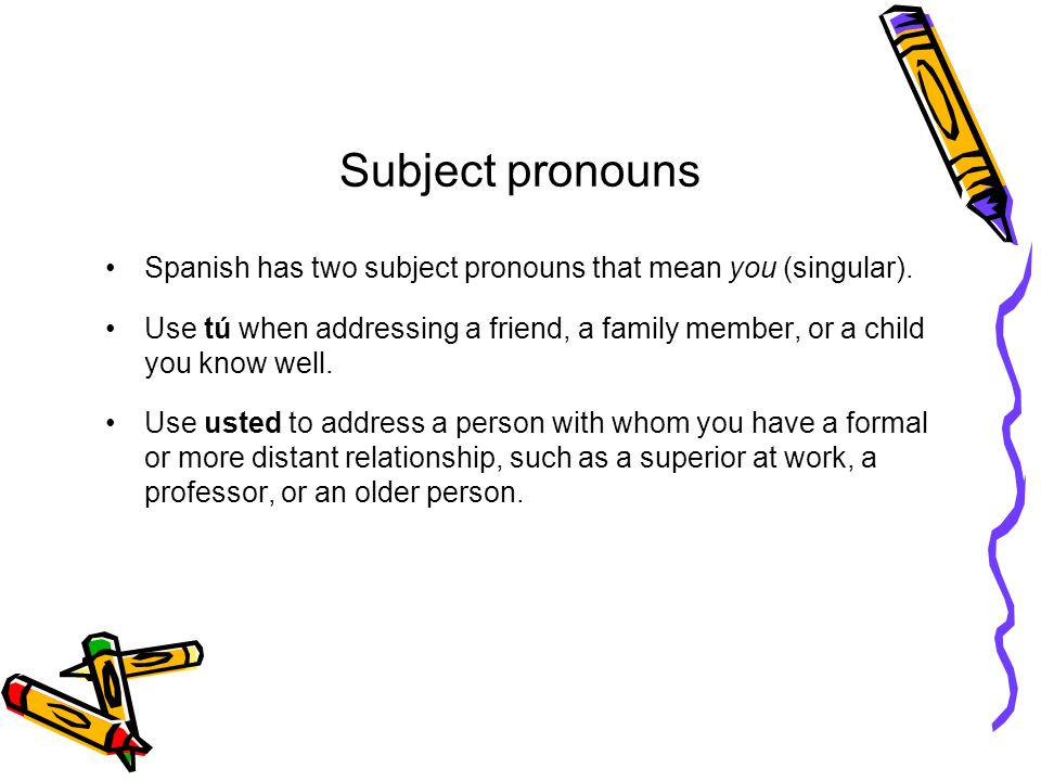 Subject pronouns Spanish has two subject pronouns that mean you (singular).