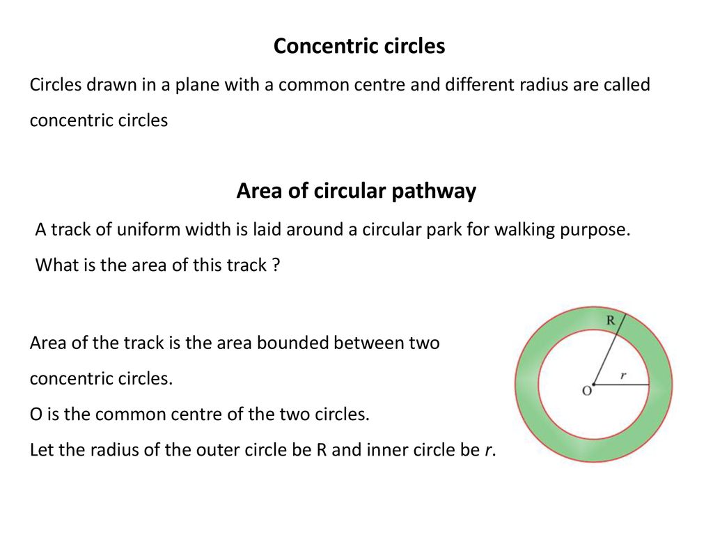costortravelling the park the rate of ¥ 2.50 per sq. metre. Q4. Find the  radii of two concentric circles enclosing a circular ring having an area  equal to 115.5 mathrm{cm}^{2} and the