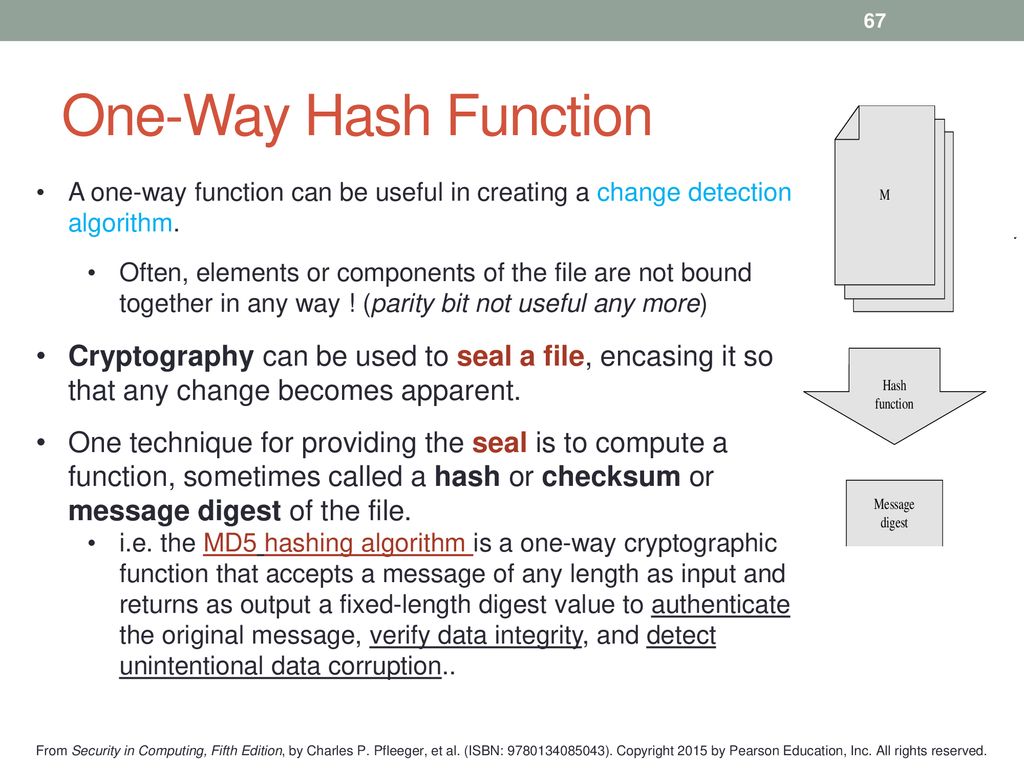 One-Way Hash Function A one-way function can be useful in creating a change detection algorithm.