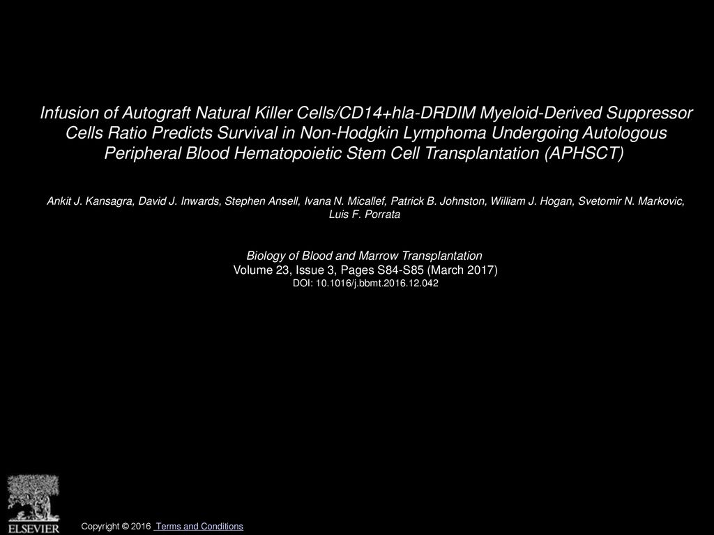 Infusion of Autograft Natural Killer Cells/CD14+hla-DRDIM Myeloid-Derived Suppressor Cells Ratio Predicts Survival in Non-Hodgkin Lymphoma Undergoing Autologous Peripheral Blood Hematopoietic Stem Cell Transplantation (APHSCT)