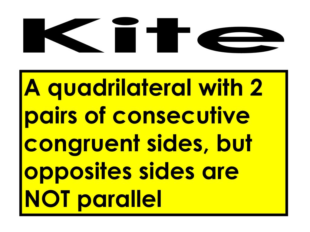 Kite A quadrilateral with 2 pairs of consecutive congruent sides, but opposites sides are NOT parallel.