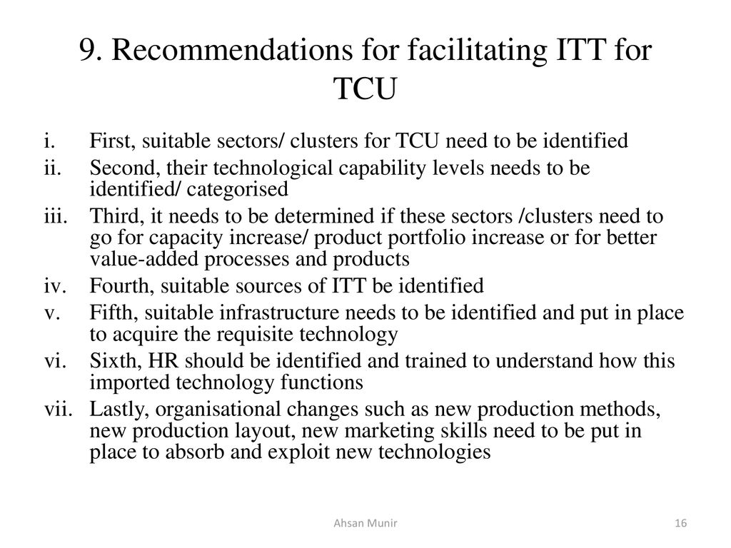 9. Recommendations for facilitating ITT for TCU