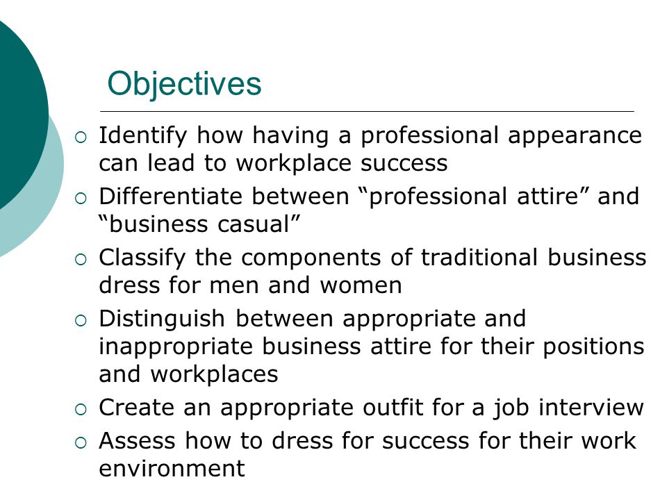 Objectives Identify how having a professional appearance can lead to workplace success.