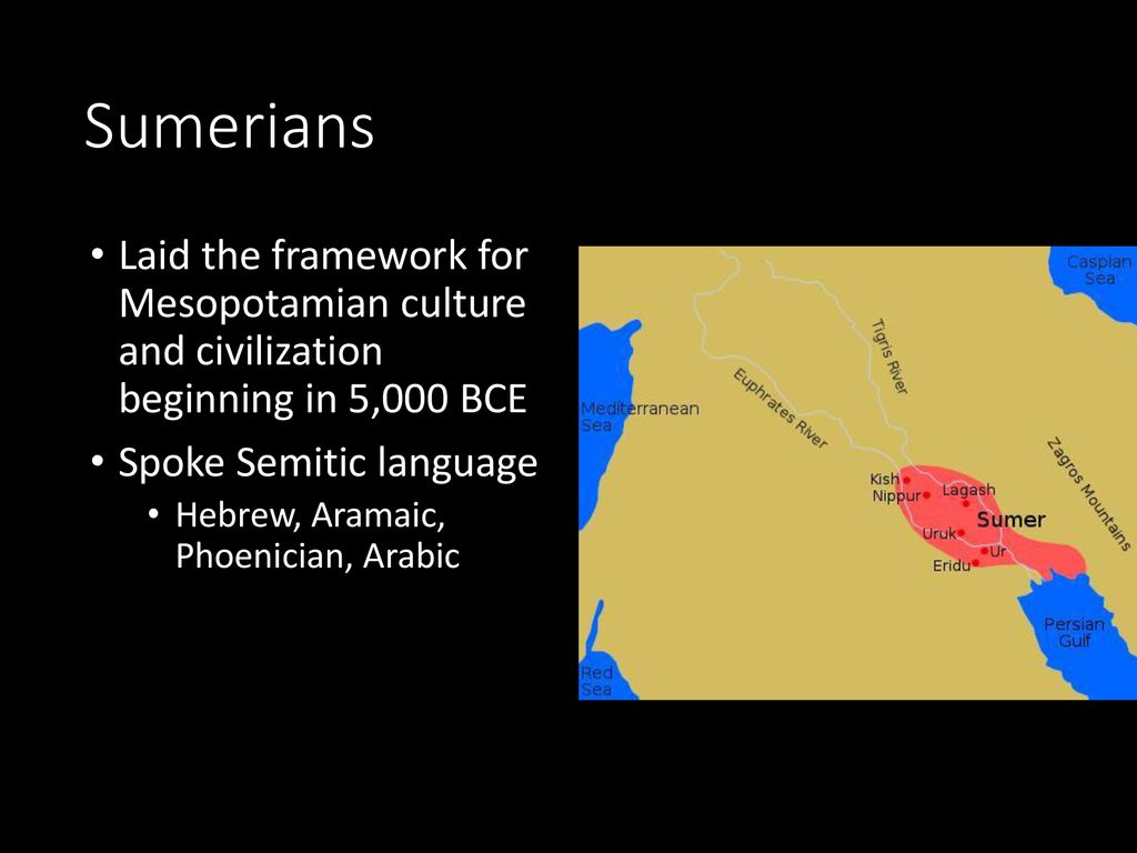 Sumerians Laid the framework for Mesopotamian culture and civilization beginning in 5,000 BCE. Spoke Semitic language.