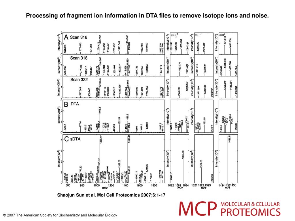 Processing of fragment ion information in DTA files to remove isotope ions and noise.