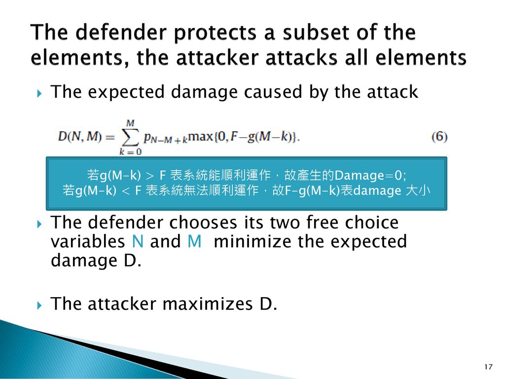 The defender protects a subset of the elements, the attacker attacks all elements