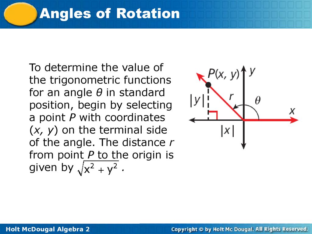 To determine the value of the trigonometric functions for an angle θ in standard position, begin by selecting a point P with coordinates (x, y) on the terminal side of the angle.