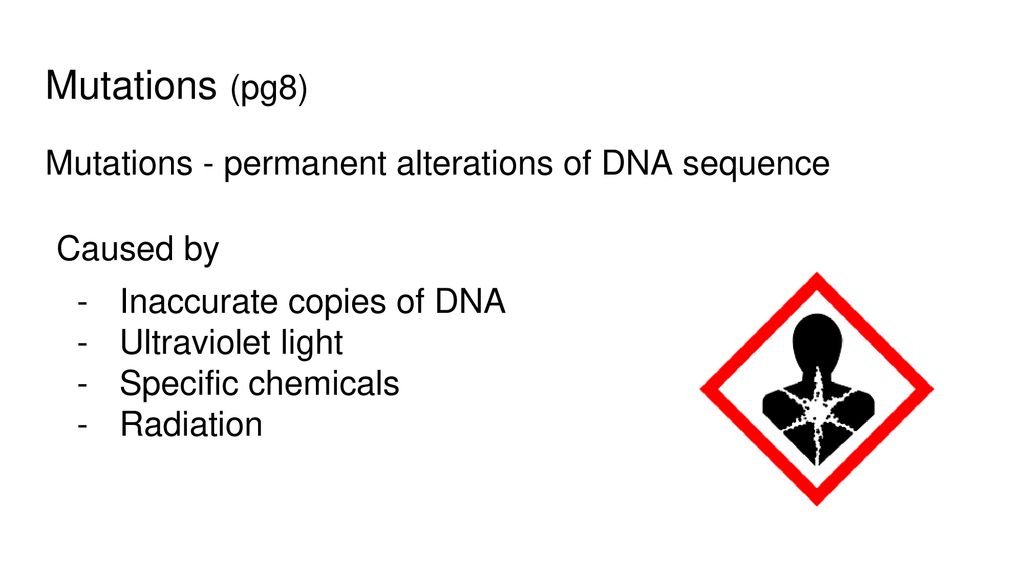 Mutations (pg8) Mutations - permanent alterations of DNA sequence