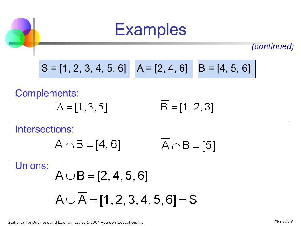 Examples S = [1, 2, 3, 4, 5, 6] A = [2, 4, 6] B = [4, 5, 6]