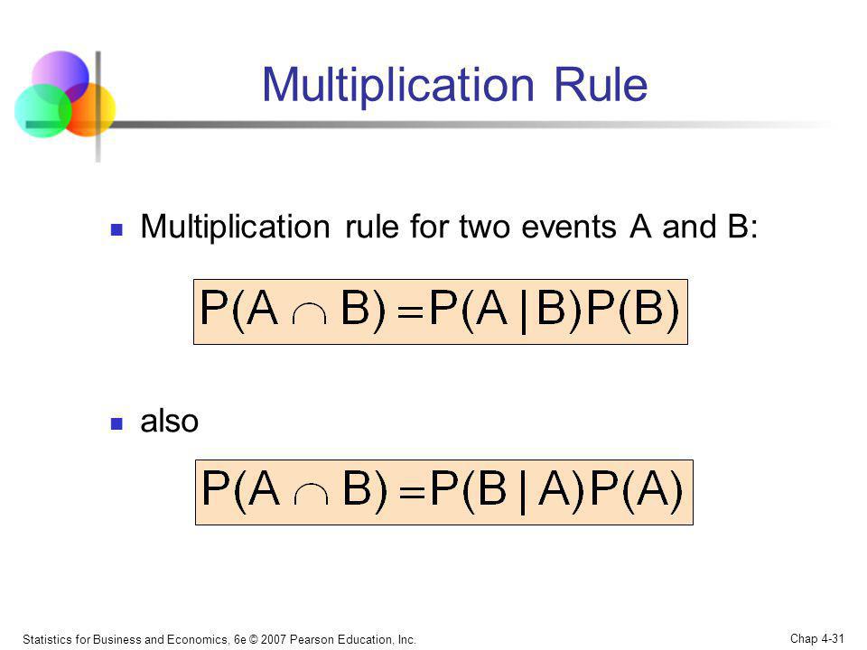 Multiplication Rule Multiplication rule for two events A and B: also