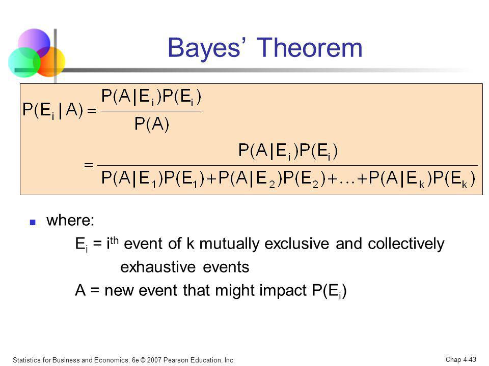 Bayes’ Theorem where: Ei = ith event of k mutually exclusive and collectively. exhaustive events.