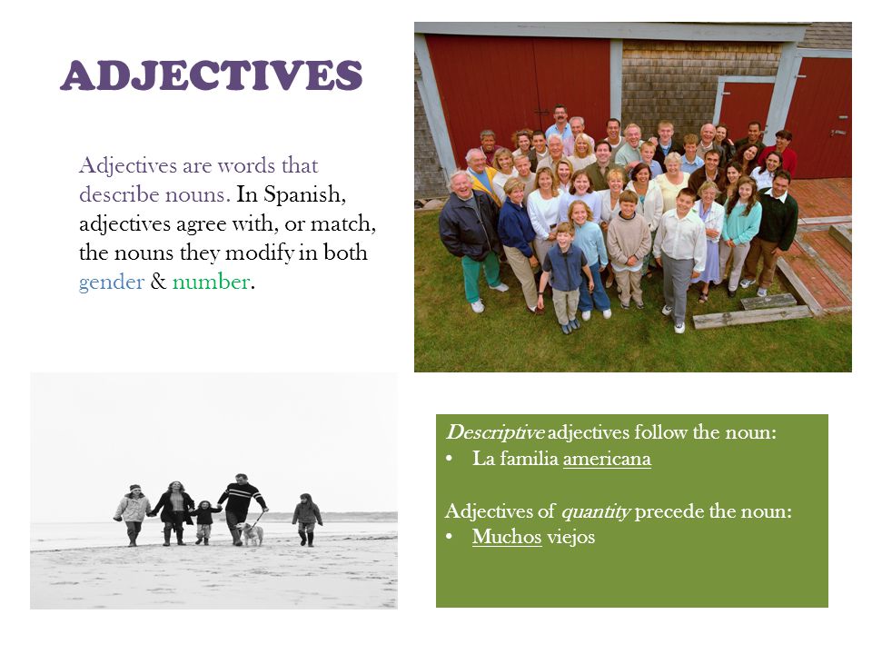 ADJECTIVES Adjectives are words that describe nouns. In Spanish, adjectives agree with, or match, the nouns they modify in both gender & number.