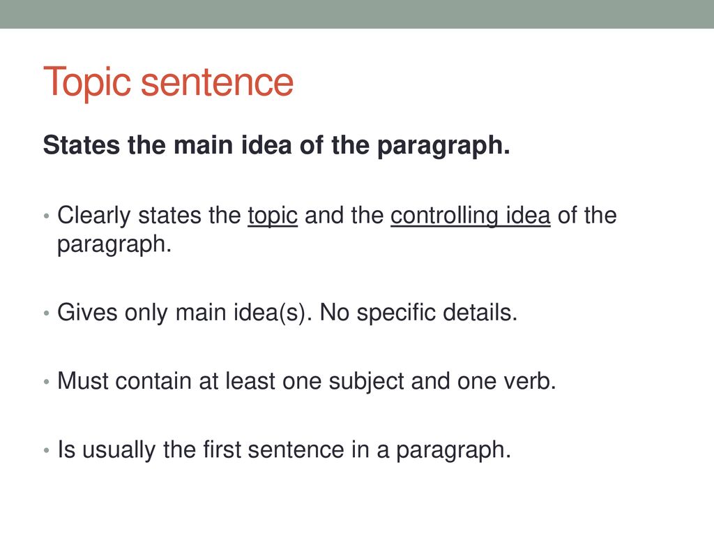 Topic sentence States the main idea of the paragraph.