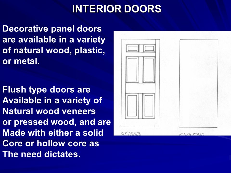 INTERIOR DOORS Decorative panel doors are available in a variety