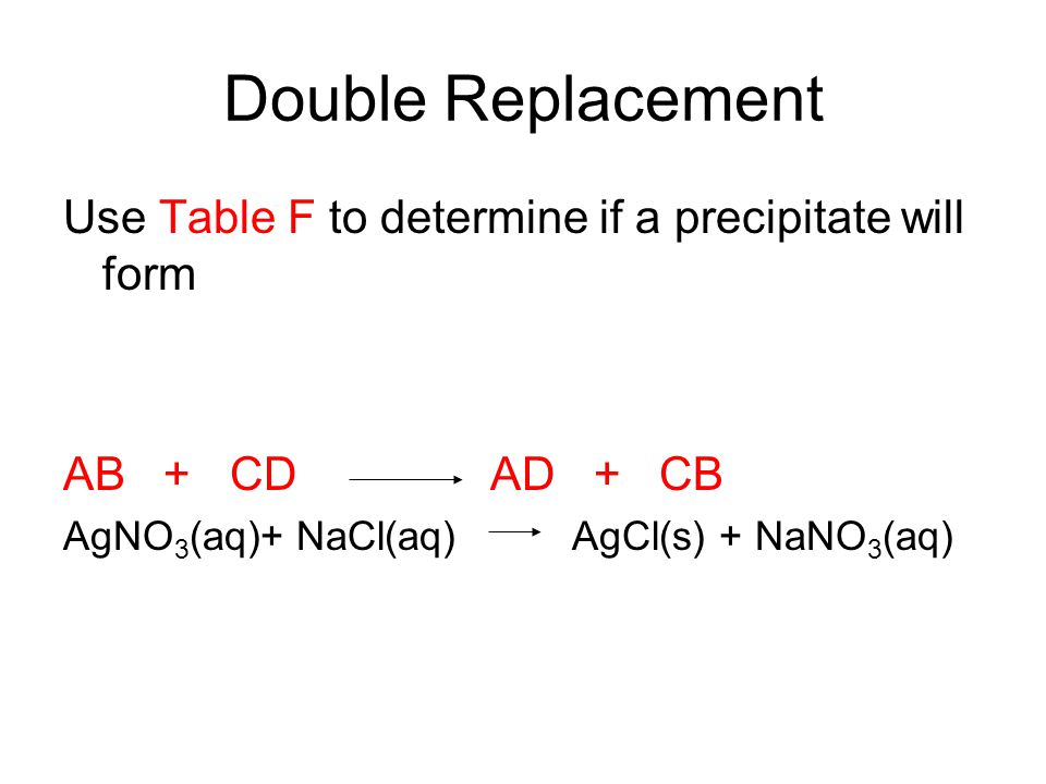 Double Replacement Use Table F to determine if a precipitate will form