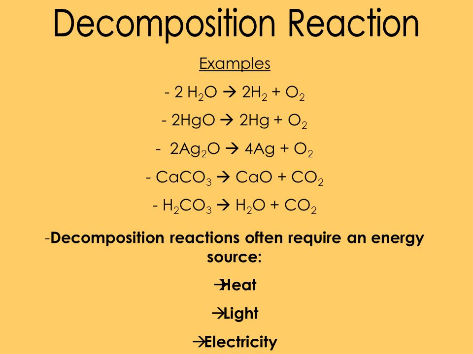 H2o hg2 реакция. Decomposition Reaction. Decomposition Reaction examples. Decomposition пример. Decomposition Reaction Inorganic example.
