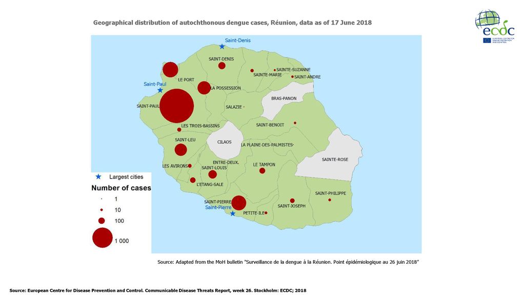 Geographical distribution of autochthonous dengue cases, Réunion, data as of 17 June 2018