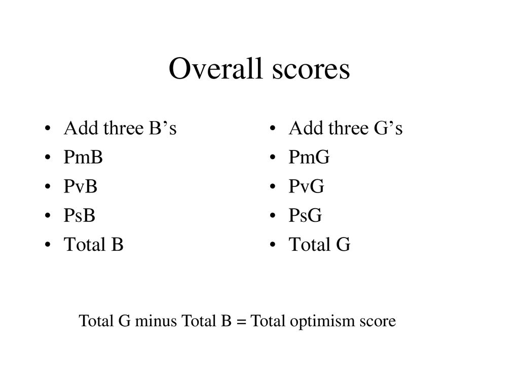 Overall scores Add three B’s PmB PvB PsB Total B Add three G’s PmG PvG