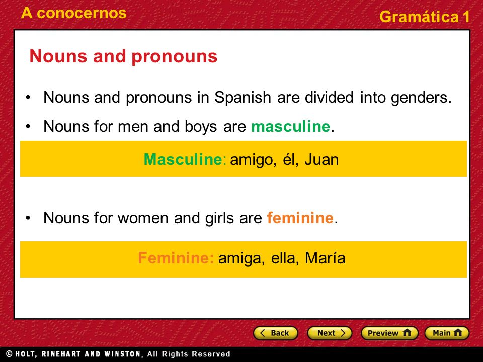 Nouns and pronouns Nouns and pronouns in Spanish are divided into genders. Nouns for men and boys are masculine.
