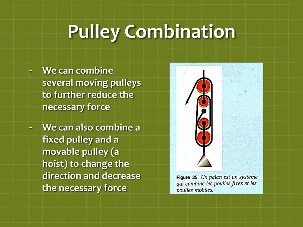Pulley Combination We can combine several moving pulleys to further reduce the necessary force.