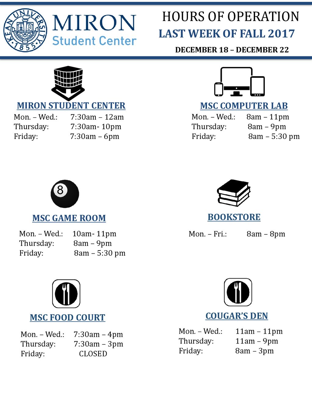 HOURS OF OPERATION LAST WEEK OF FALL 2017 MIRON STUDENT CENTER ppt