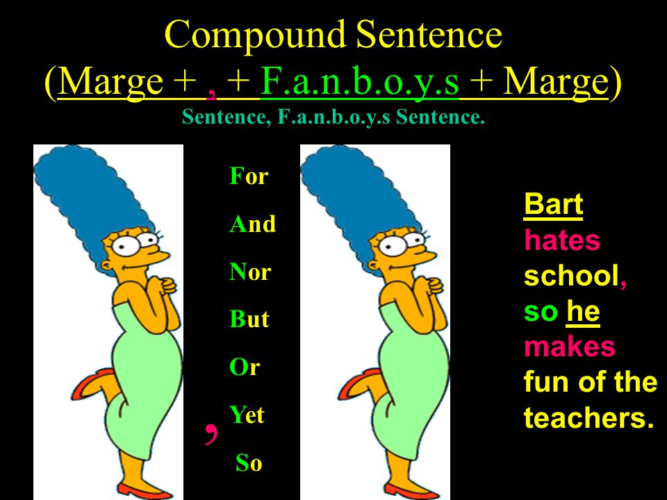 Compound Sentence (Marge + , + F.a.n.b.o.y.s + Marge) Sentence, F.a.n.b.o.y.s Sentence.