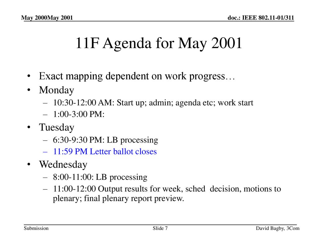 11F Agenda for May 2001 Exact mapping dependent on work progress…