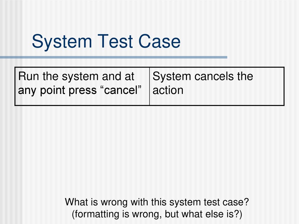 System Test Case Run the system and at any point press cancel