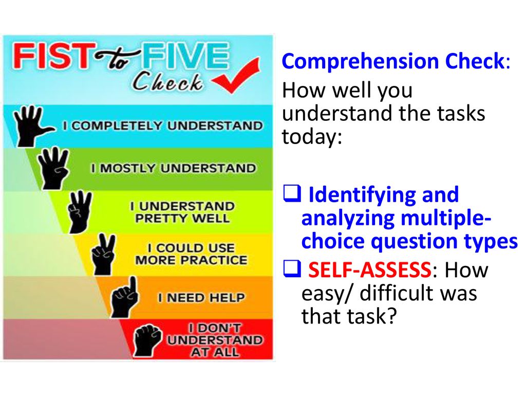 Comprehension Check: How well you understand the tasks today: Identifying and analyzing multiple-choice question types.