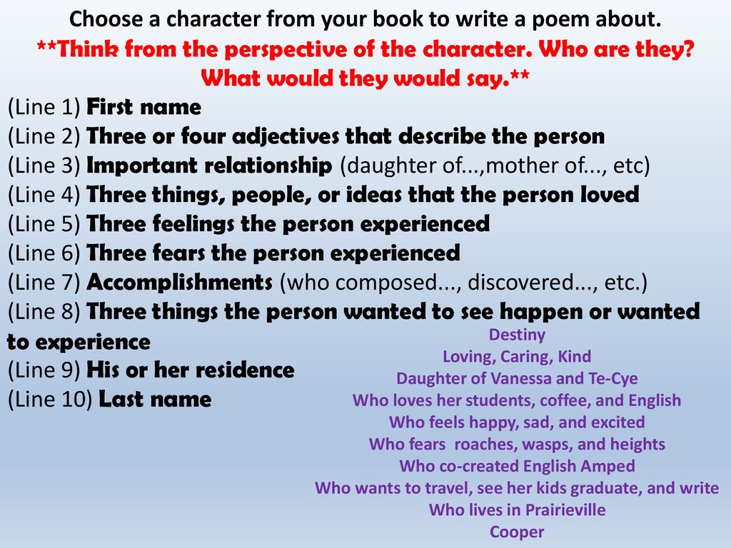 Choose a character from your book to write a poem about.