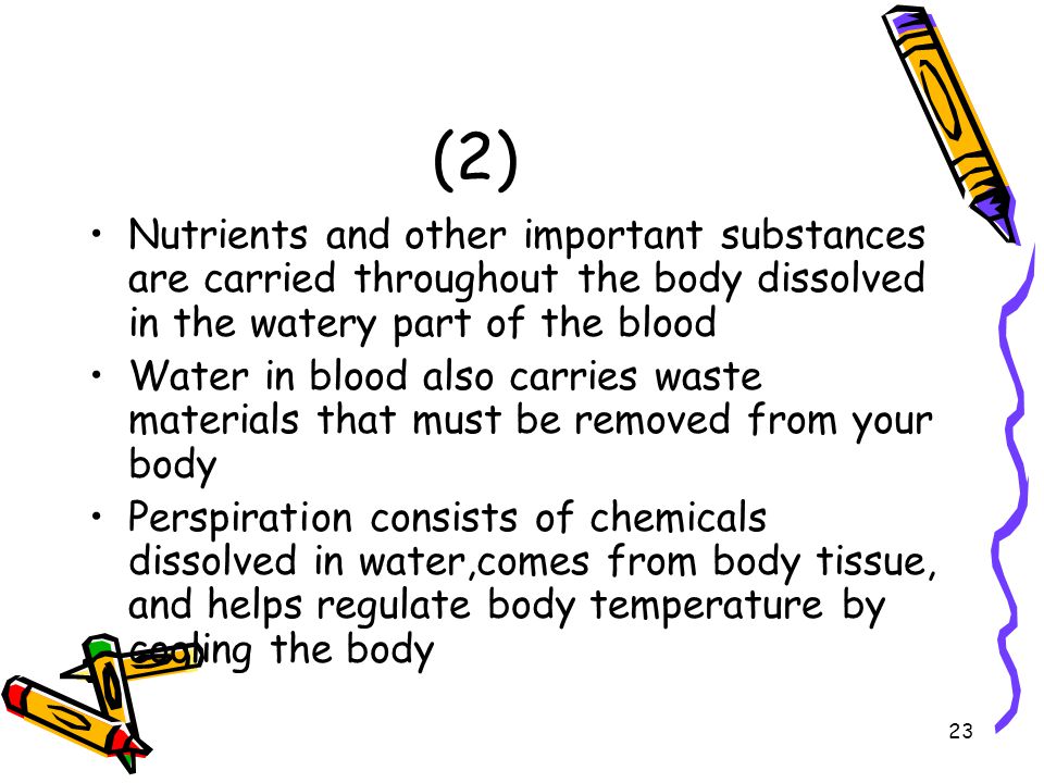 (2) Nutrients and other important substances are carried throughout the body dissolved in the watery part of the blood.