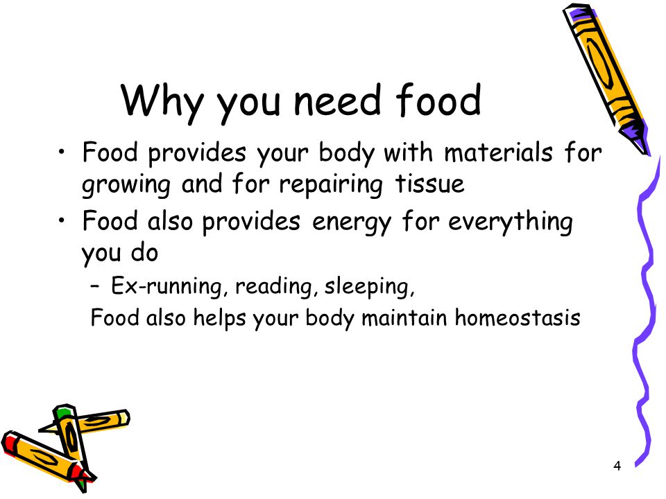 Why you need food Food provides your body with materials for growing and for repairing tissue. Food also provides energy for everything you do.
