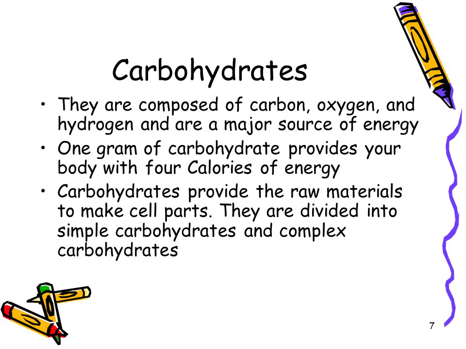 Carbohydrates They are composed of carbon, oxygen, and hydrogen and are a major source of energy.