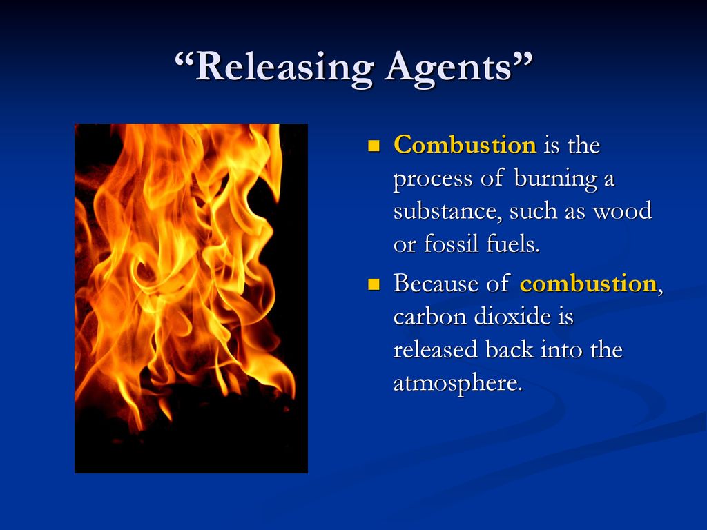 Releasing Agents Combustion is the process of burning a substance, such as wood or fossil fuels.