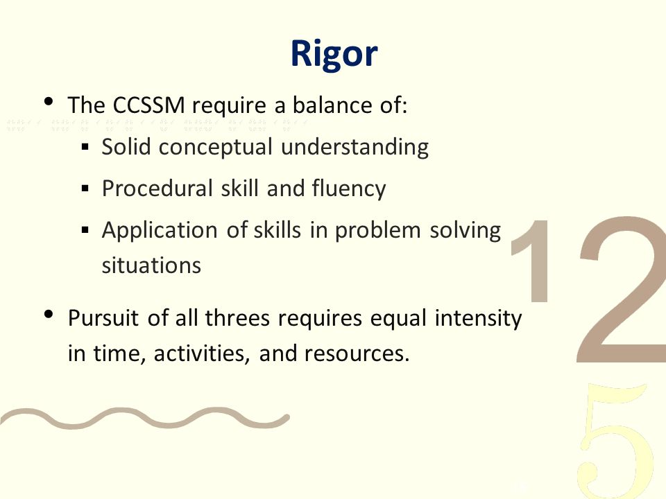 Rigor The CCSSM require a balance of: Solid conceptual understanding